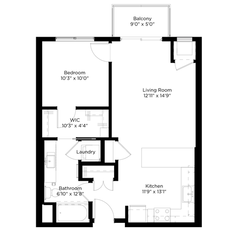 Floor plan for 1 bed, 1 bath, 709 sqft