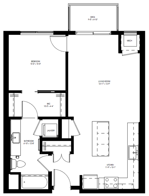 Floor plan for 1 bed, 1 bath, 709 sqft