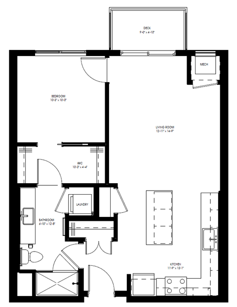Floor plan for 1 bed, 1 bath, 709 sqft