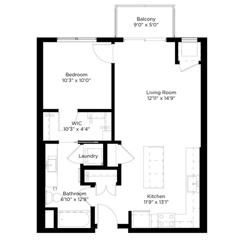Floor plan for 1 bed, 1 bath, 709 sqft