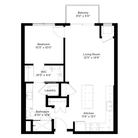 Floor plan for 1 bed, 1 bath, 709 sqft