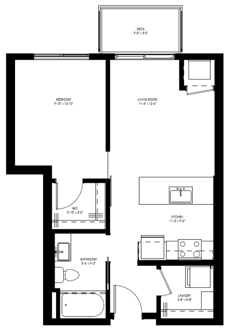 Floor plan for 1 bed, 1 bath, 567 sqft
