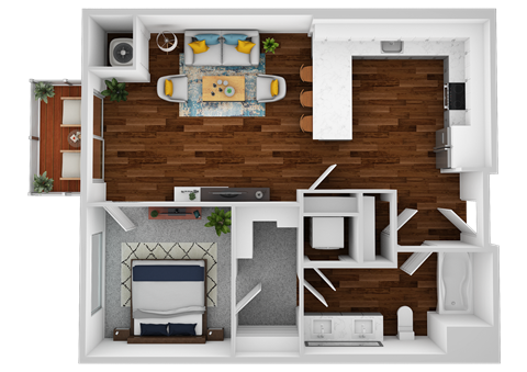 Floor plan for 1 bed, 1 bath, 725 sqft