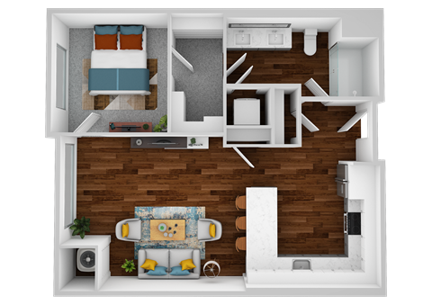 Floor plan for 1 bed, 1 bath, 725 sqft