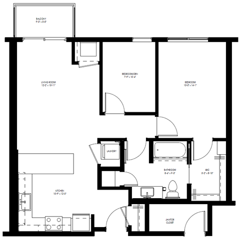Floor plan for 1 bed, 1 bath, 897 sqft