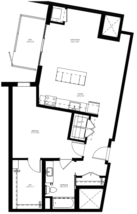 Floor plan for 1 bed, 1 bath, 936 sqft