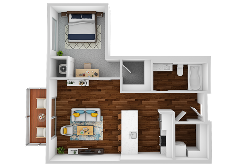 Floor plan for 1 bed, 1 bath, 637 sqft