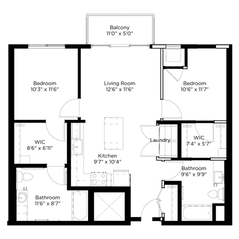 Floor plan for 2 beds, 2 baths, 1014 sqft