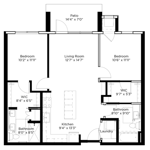 Floor plan for 2 beds, 2 baths, 1014 sqft