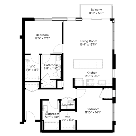 Floor plan for 2 beds, 2 baths, 1116 sqft