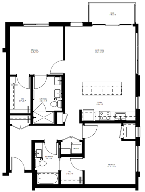 Floor plan for 2 beds, 2 baths, 1117 sqft