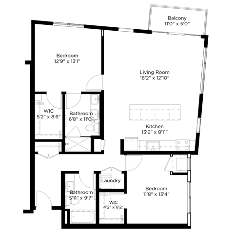Floor plan for 2 beds, 2 baths, 1192 sqft