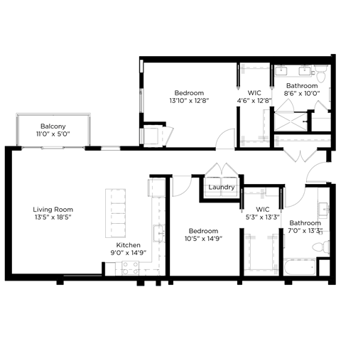 Floor plan for 2 beds, 2 baths, 1350 sqft