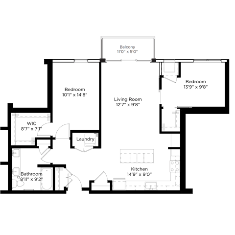 Floor plan for 2 beds, 1 bath, 1080 sqft