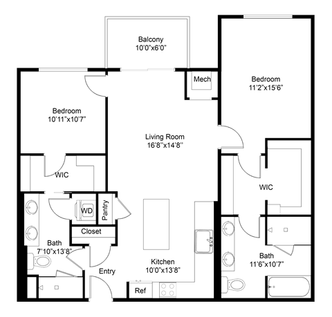 Floor plan for 2 beds, 2 baths, 1135 sqft