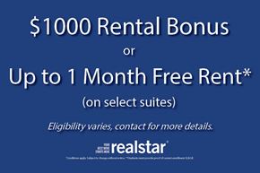 Sarnia apartment for rent - A promotional image for a $1000 rental bonus or up to 1 month free rent on select suites.