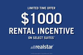 Etobicoke apartment for rent - A blue advertisement for a $1000 rental incentive on select suites.