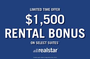 Bradford apartment for rent - A blue advertisement for a $1,500 rental bonus on select suites at Realstar.