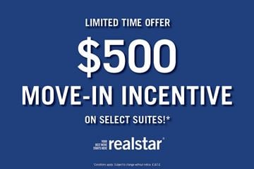 Niagara Falls apartment for rent - A blue advertisement for a $500 move-in incentive on select suites.