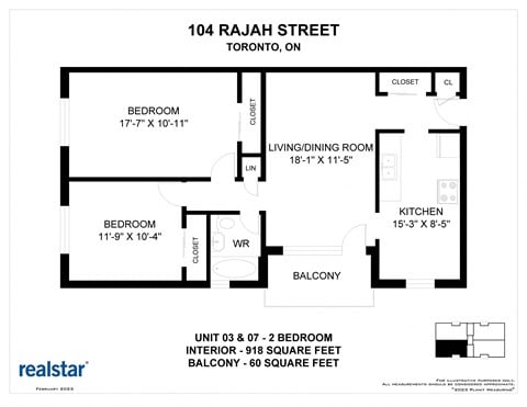 Floor plan for 2 beds, 1 bath, 918 sqft