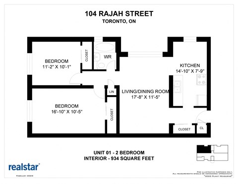 Floor plan for 2 beds, 1 bath, 933 sqft