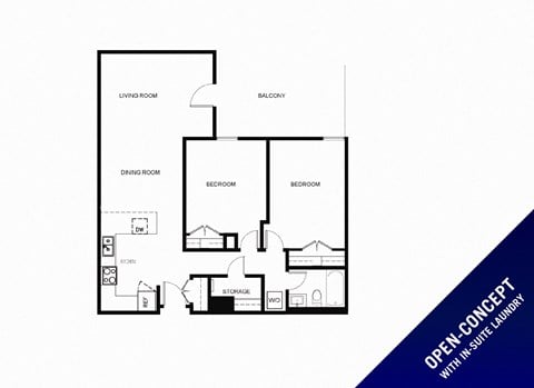 Floor plan for 2 beds, 1 bath, 935 sqft