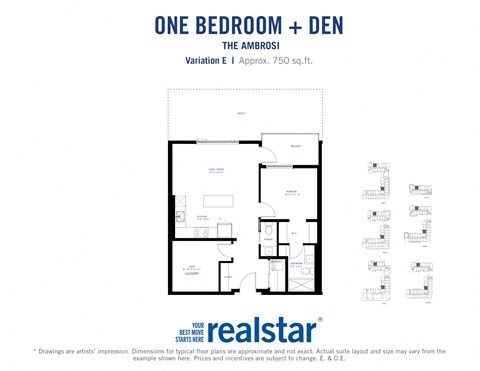Floor plan for 1 bed, 1 bath, 750 sqft