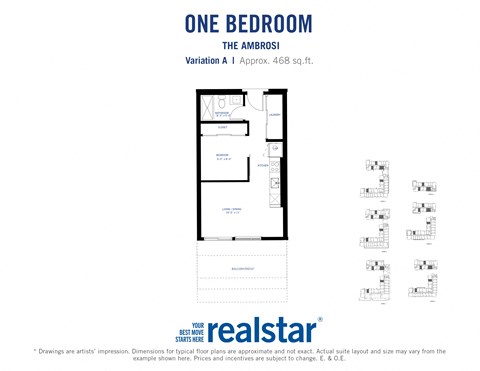 Floor plan for 1 bed, 1 bath, 468 sqft