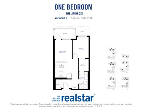 Floor plan for 1 bed, 1 bath, 586 sqft