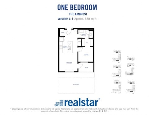 Floor plan for 1 bed, 1 bath, 588 sqft