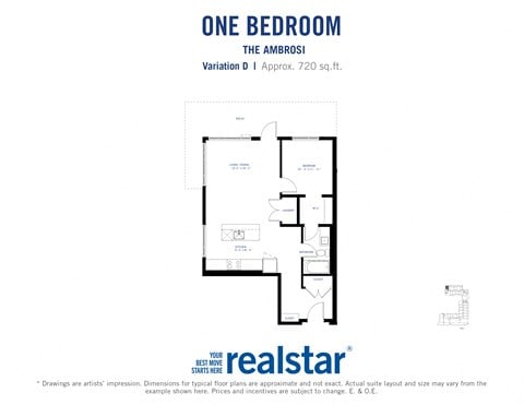 Floor plan for 1 bed, 1 bath, 720 sqft