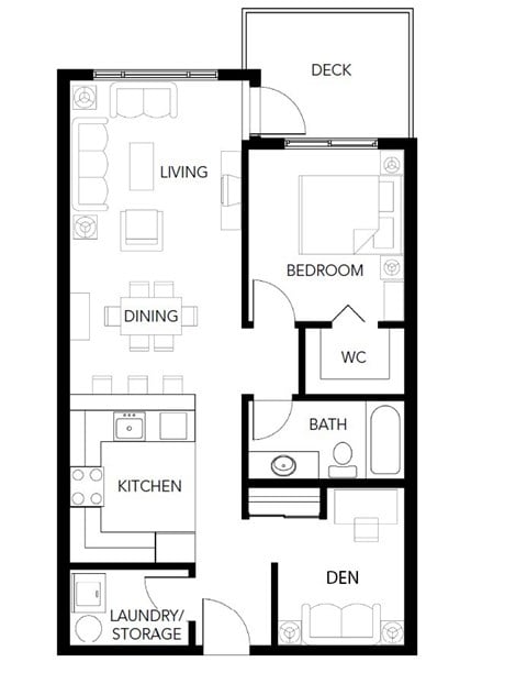 Floor plan for 1 bed, 1 bath, 638 sqft