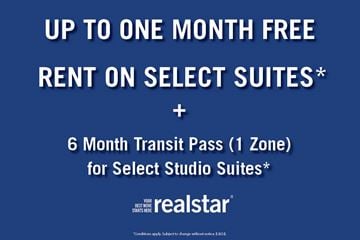 Vancouver apartment for rent - A promotional image for realstar offering free rent and transit pass for select suites.