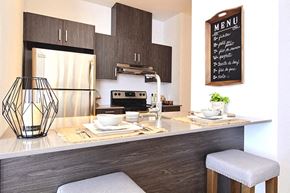 Boisbriand apartment for rent - La Voile Boisbriand kitchen featuring stainless steel appliances and contemporary cabinetry in Boisbriand, QC