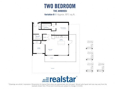 Floor plan for 2 beds, 2 baths, 872 sqft