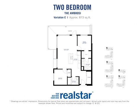 Floor plan for 2 beds, 2 baths, 874 sqft
