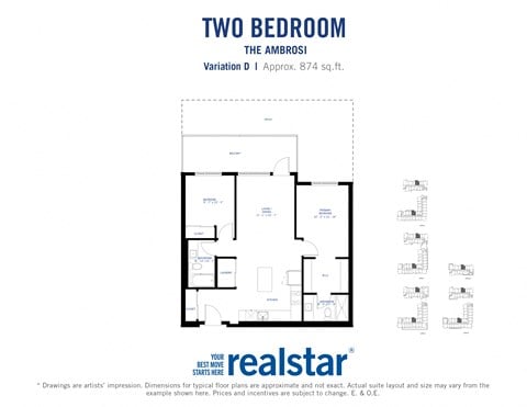 Floor plan for 2 beds, 2 baths, 875 sqft