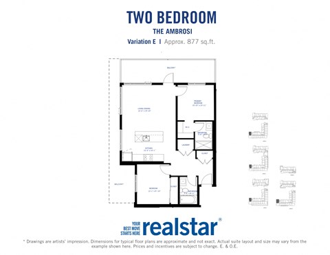 Floor plan for 2 beds, 2 baths, 877 sqft