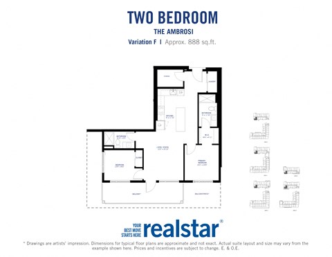 Floor plan for 2 beds, 2 baths, 888 sqft