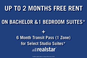 Vancouver apartment for rent - An advertisement for free rent and a transit pass for select studio suites.