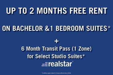 Vancouver apartment for rent - An advertisement for free rent and a transit pass for select studio suites.