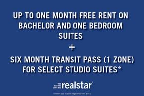 Vancouver apartment for rent - A promotional image for Realstar offers free rent on bachelor and one bedroom suites, and a six month transit pass for select studio suites.