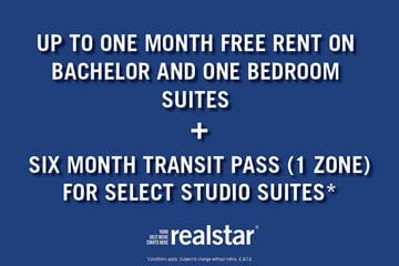 Vancouver apartment for rent - A promotional image for Realstar offers free rent on bachelor and one bedroom suites, and a six month transit pass for select studio suites.