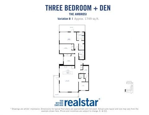 Floor plan for 3 beds, 2.5 baths, 1749 sqft