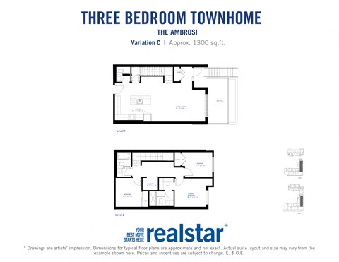 Floor plan for 3 beds, 2.5 baths, 1302 sqft