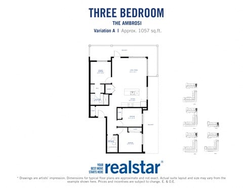 Floor plan for 3 beds, 2 baths, 1058 sqft