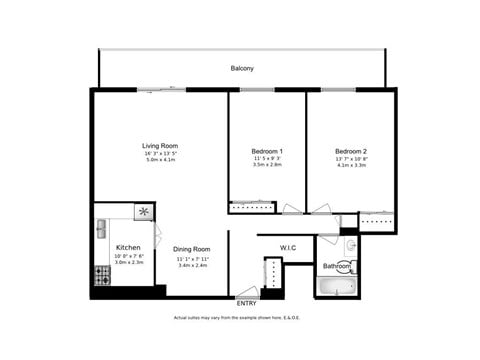 Floor plan for 2 beds, 1 bath, 916 sqft