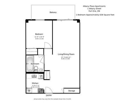 Floor plan for 1 bed, 1 bath, 638 sqft