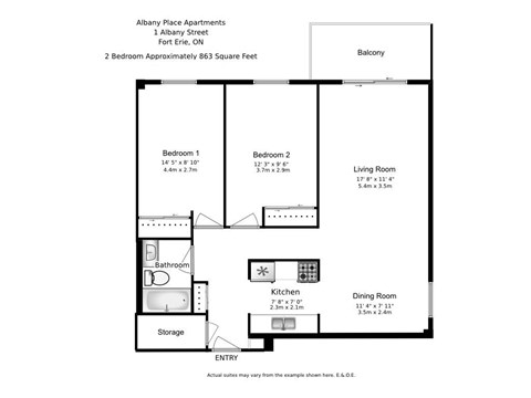 Floor plan for 2 beds, 1 bath, 863 sqft