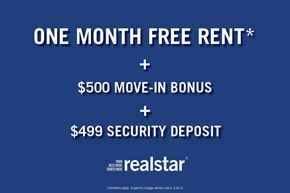 Airdrie apartment for rent - A promotional image for realstar offering a one month free rent, $500 move-in bonus, and $499 security deposit.